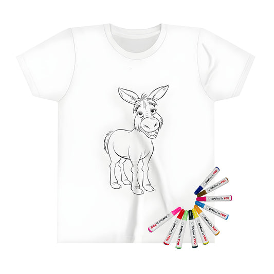 Cheerful cartoon donkey coloring page art on kids t-shirt