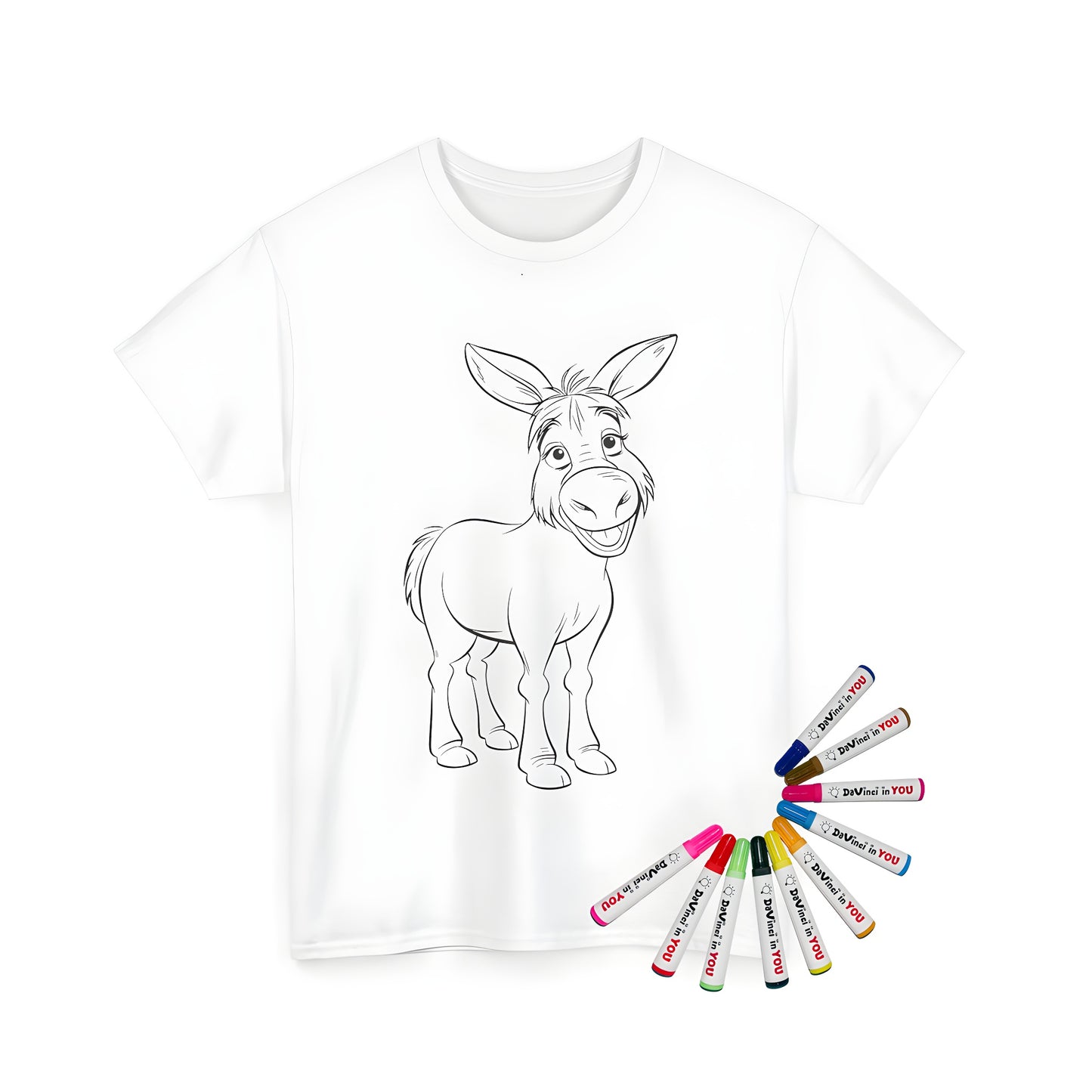 Coloring kit Unisex T-shirt with cartoon donkey design featuring a cheerful animal with large ears and friendly smile