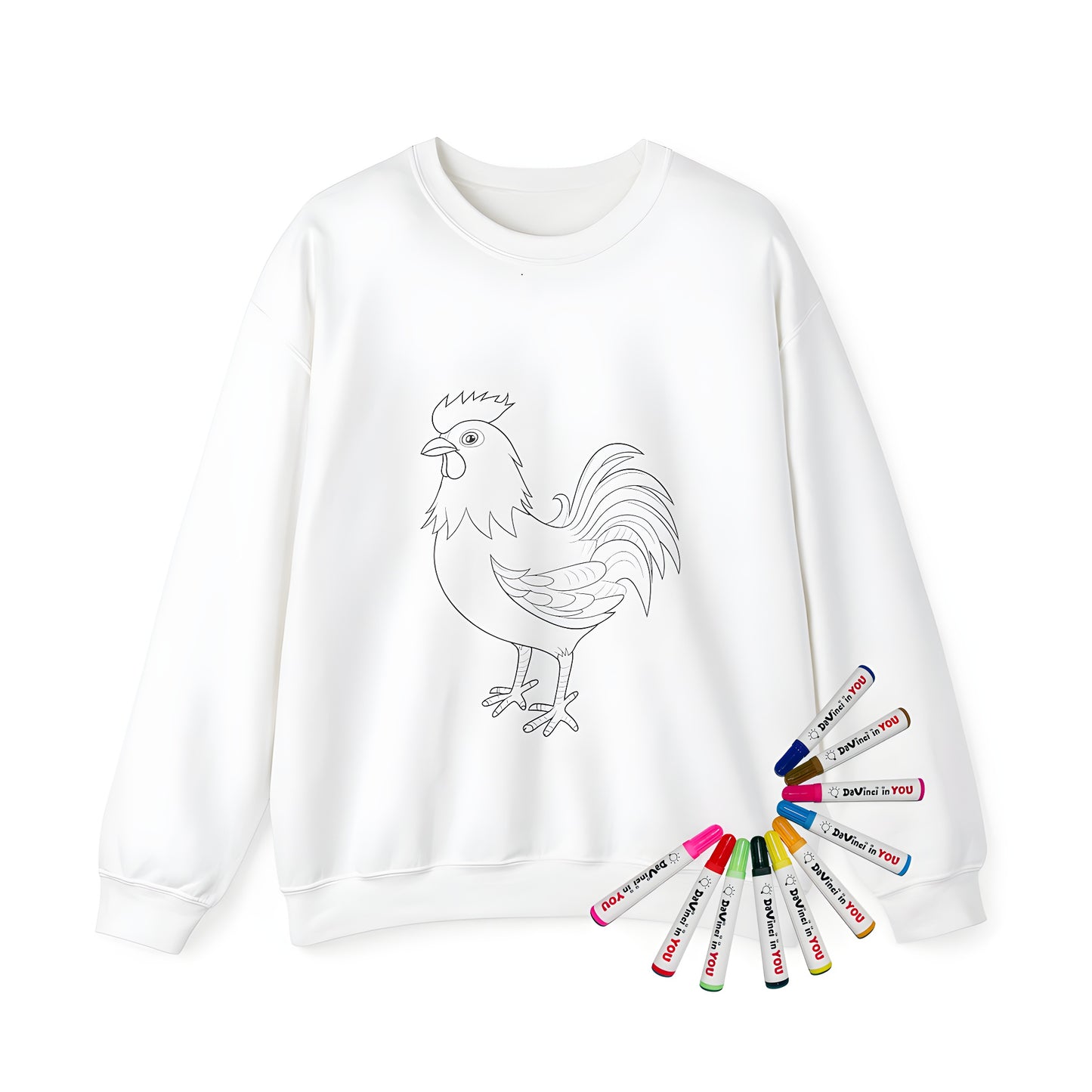 Adult sweatshirt featuring a colorful rooster illustration, perfect for coloring enthusiasts. Alternative images of male chickens, farmyard birds.