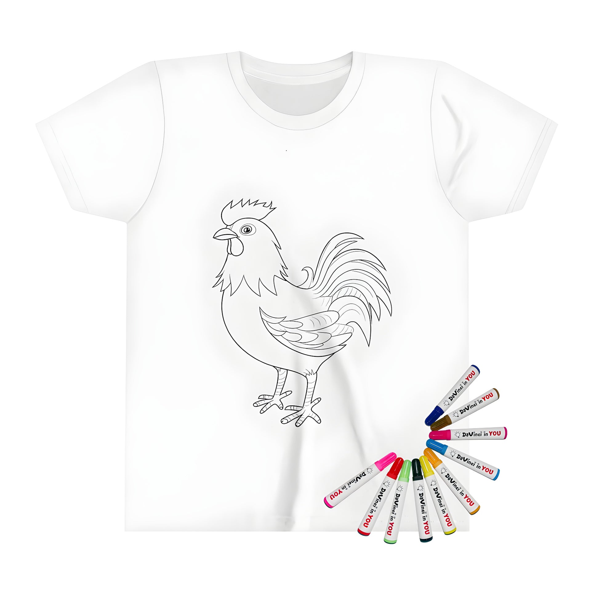 Kid's T-shirt with rooster design, perfect for kids' coloring activities