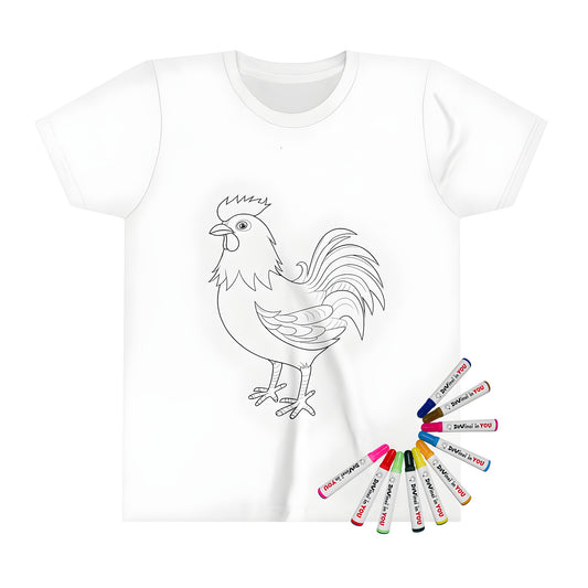 Kid's T-shirt with rooster design, perfect for kids' coloring activities