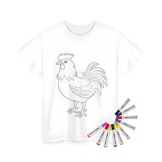 Coloring page of a black rooster or cockerel illustration on a unisex t-shirt, perfect for art and craft activities