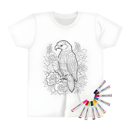 Colorful kid's t-shirt with intricate eagle and rose design for creative coloring activity