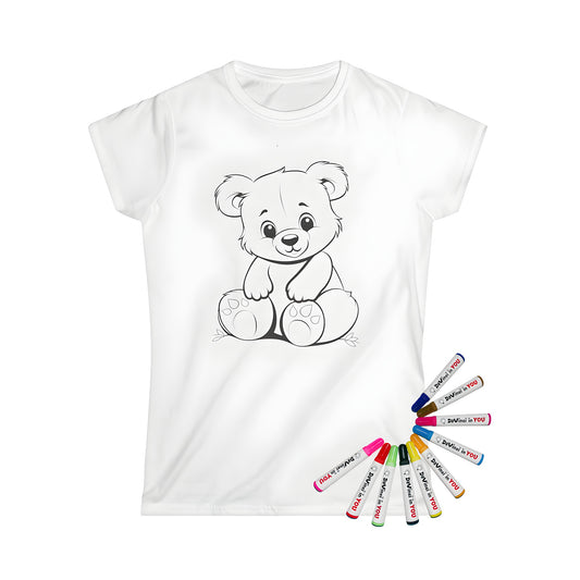 Women's graphic tee featuring adorable cartoon bear illustrations for fun adult and kid coloring activities