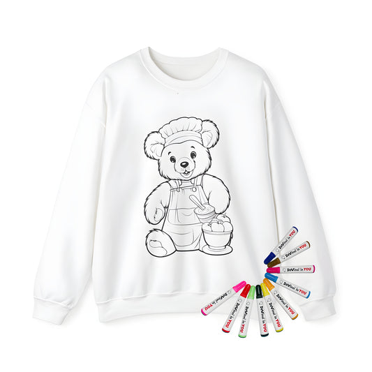 Adult sweatshirt with vibrant Chef Bear design, featuring a charming bear in chef hat and apron, surrounded by kitchen theme elements