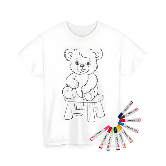 Unisex T-shirt with cute bear design, featuring a joyful cartoon bear sitting on a wooden stool