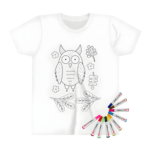 Cute kid's t-shirt with colorful owl design surrounded by leaves and flowers