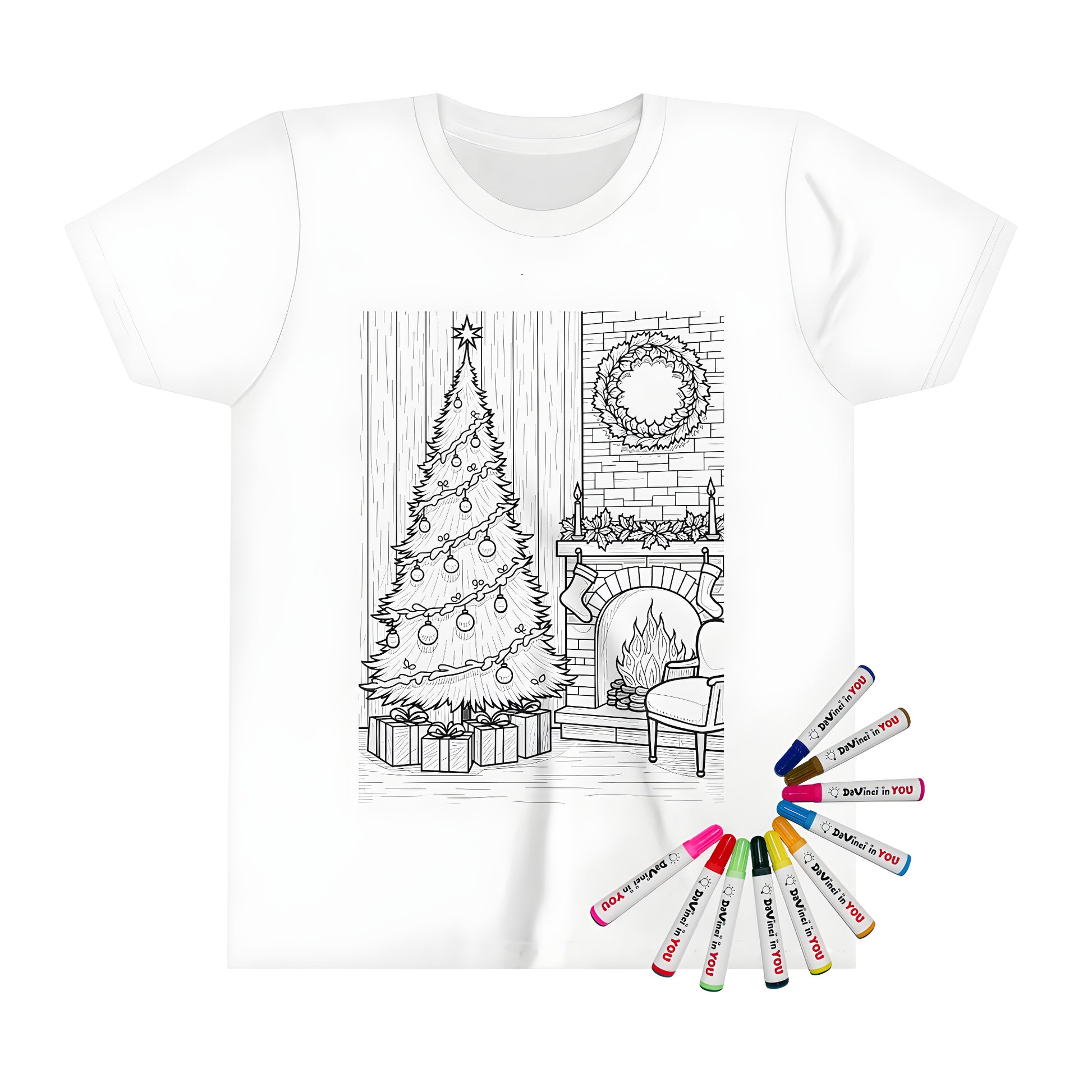 A festive room scene on a kid's t-shirt, featuring a decorated X-mas tree, gift boxes beside a lit fireplace adorned with stockings and wreaths, with colorful fabric markers used for the design