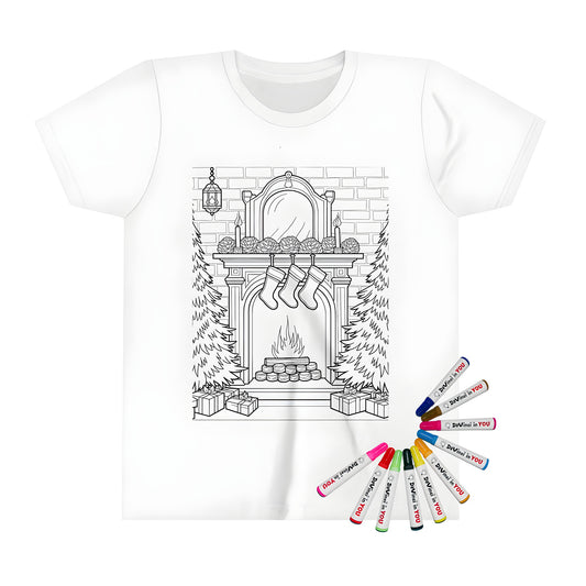 Kids' t-shirt with cozy fireplace scene design, festive holiday style