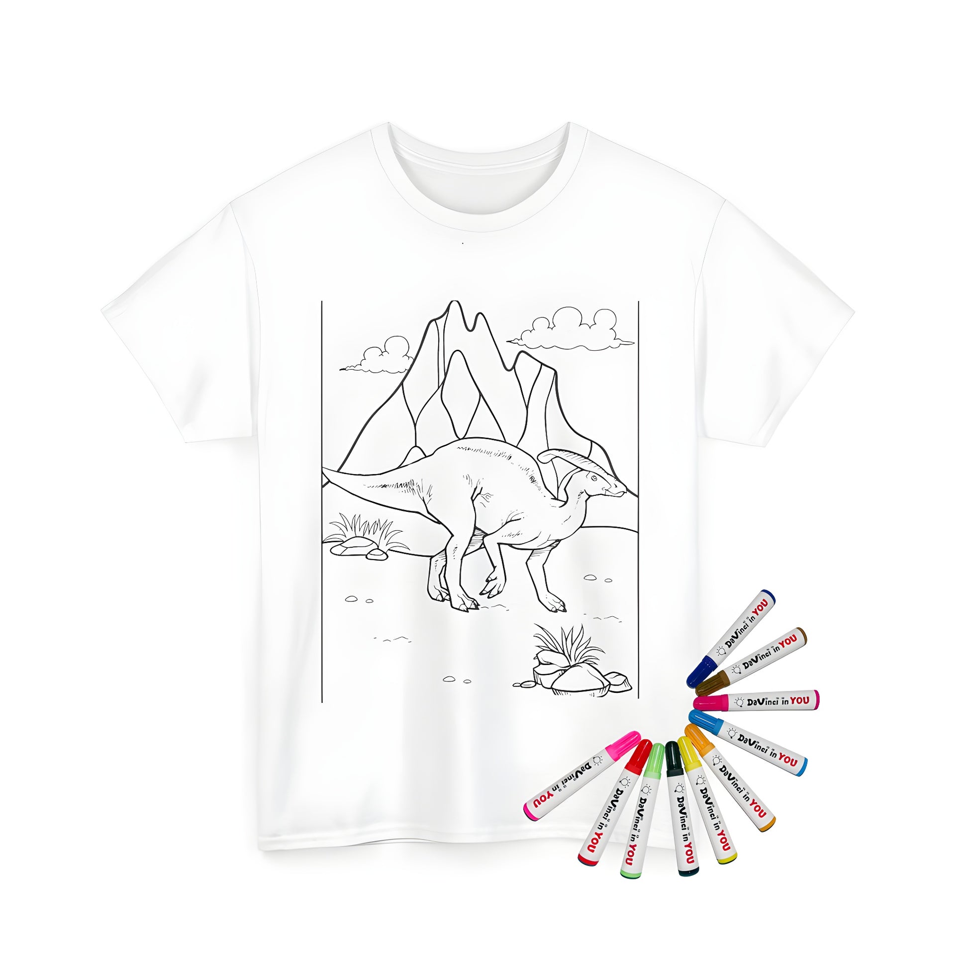 Unisex t-shirt featuring a mountain landscape design with dinosaur and coloring page art