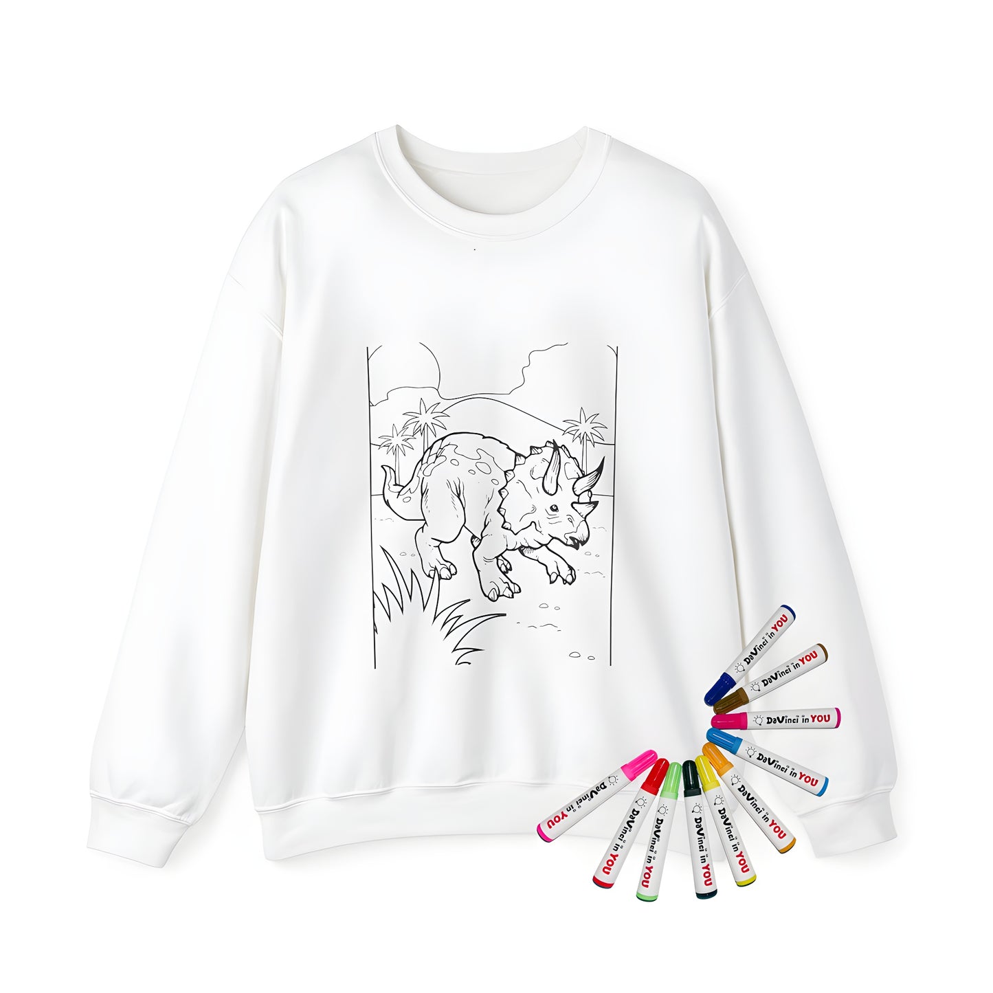 Adult sweatshirt featuring a triceratops dinosaur design, prehistoric landscape with palm trees and mountains, suitable for coloring
