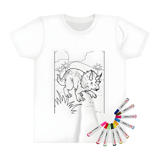 Kids' t-shirt featuring a triceratops dinosaur design with a prehistoric landscape of palm trees and mountains