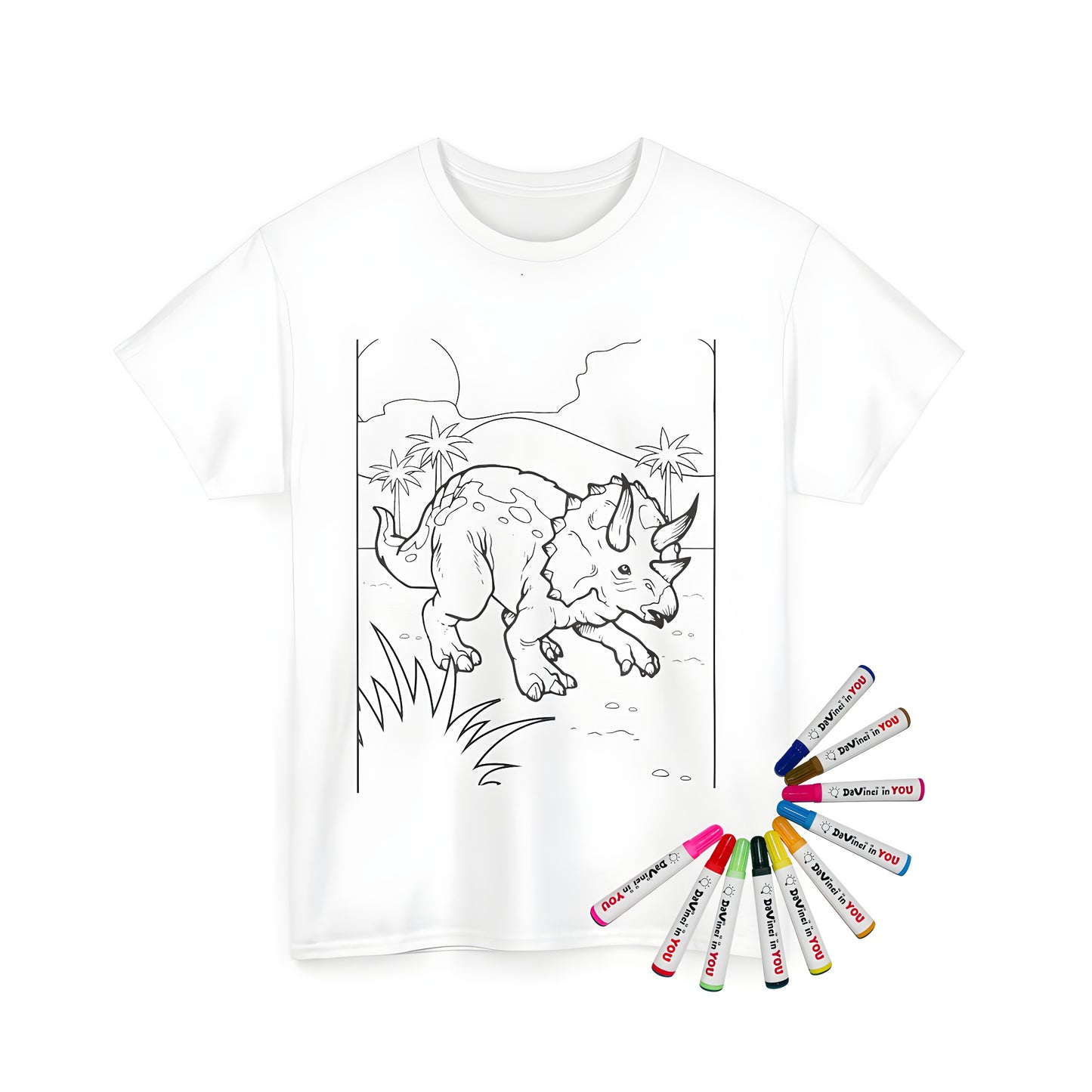 Colouring kit Unisex t-shirt featuring a triceratops dinosaur design on prehistoric landscape