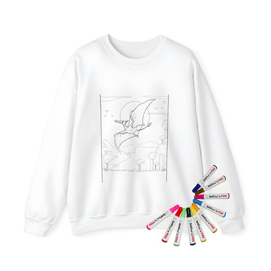 Adult sweatshirt featuring a pterodactyl in flight above a prehistoric landscape with mountains and trees at dusk