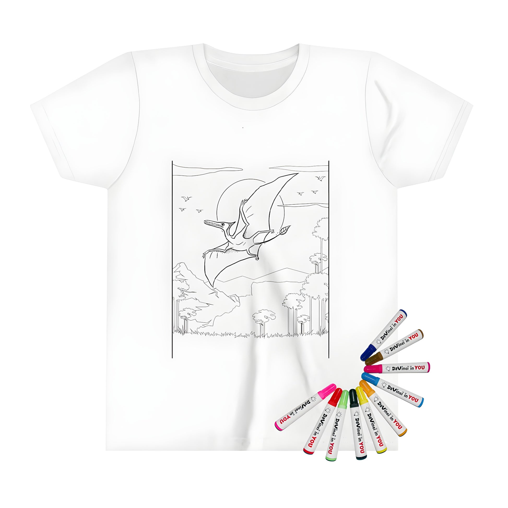 Kid's t-shirt with a flying prehistoric creature design, featuring a dinosaur-like being soaring above mountains and trees at full moon