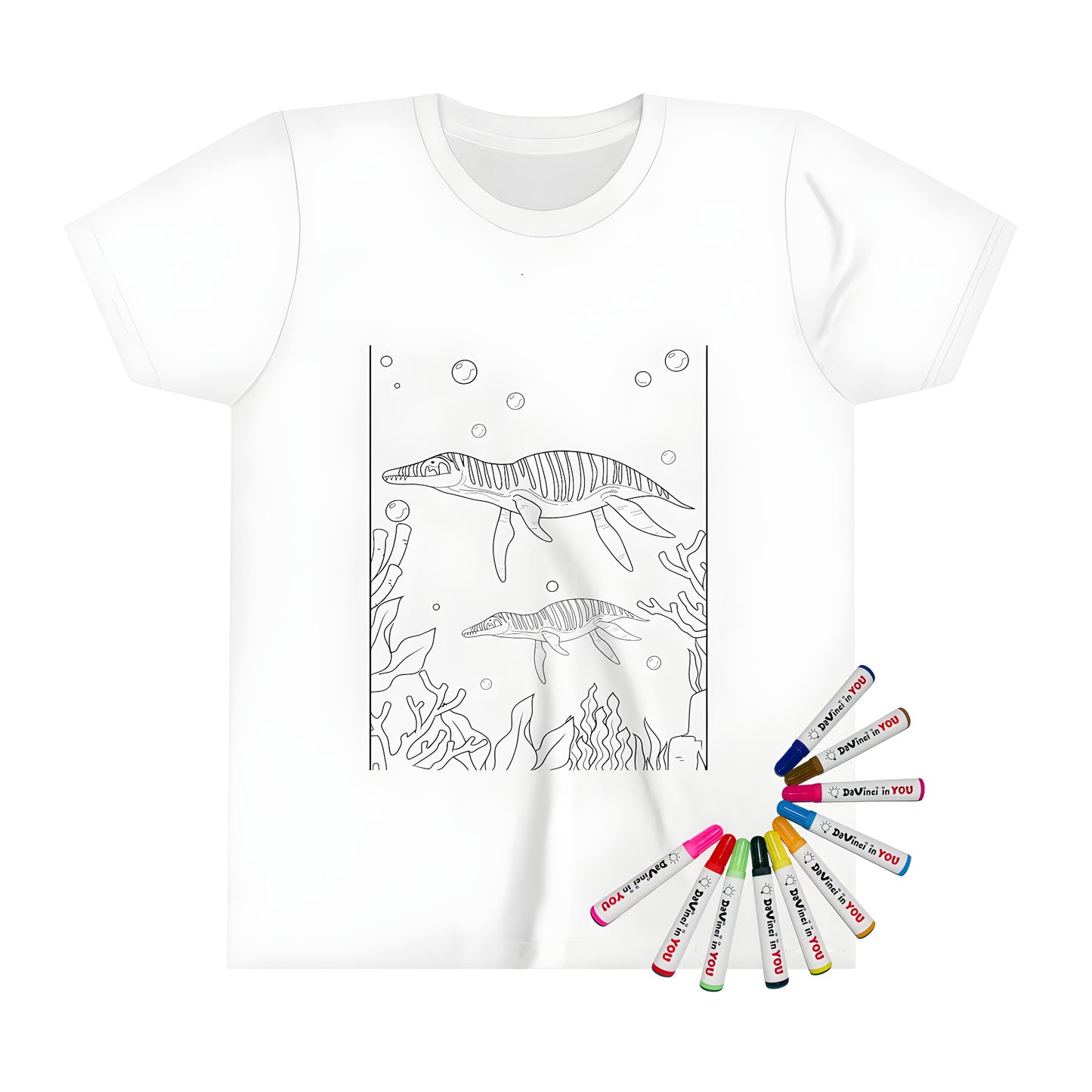 Kid's t-shirt featuring an underwater scene of marine dinosaurs and colorful seaweed