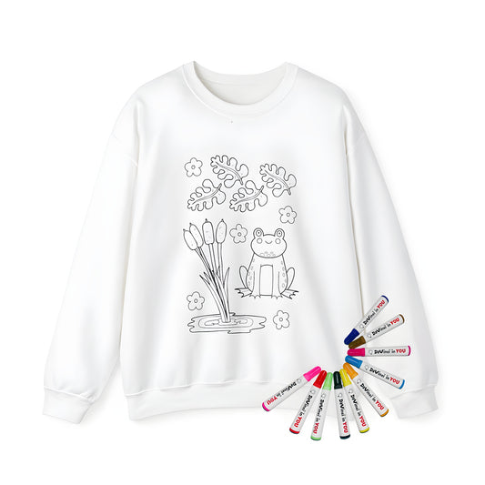 Adult sweatshirt with colorful frog design, featuring a happy amphibian by a serene pond scene