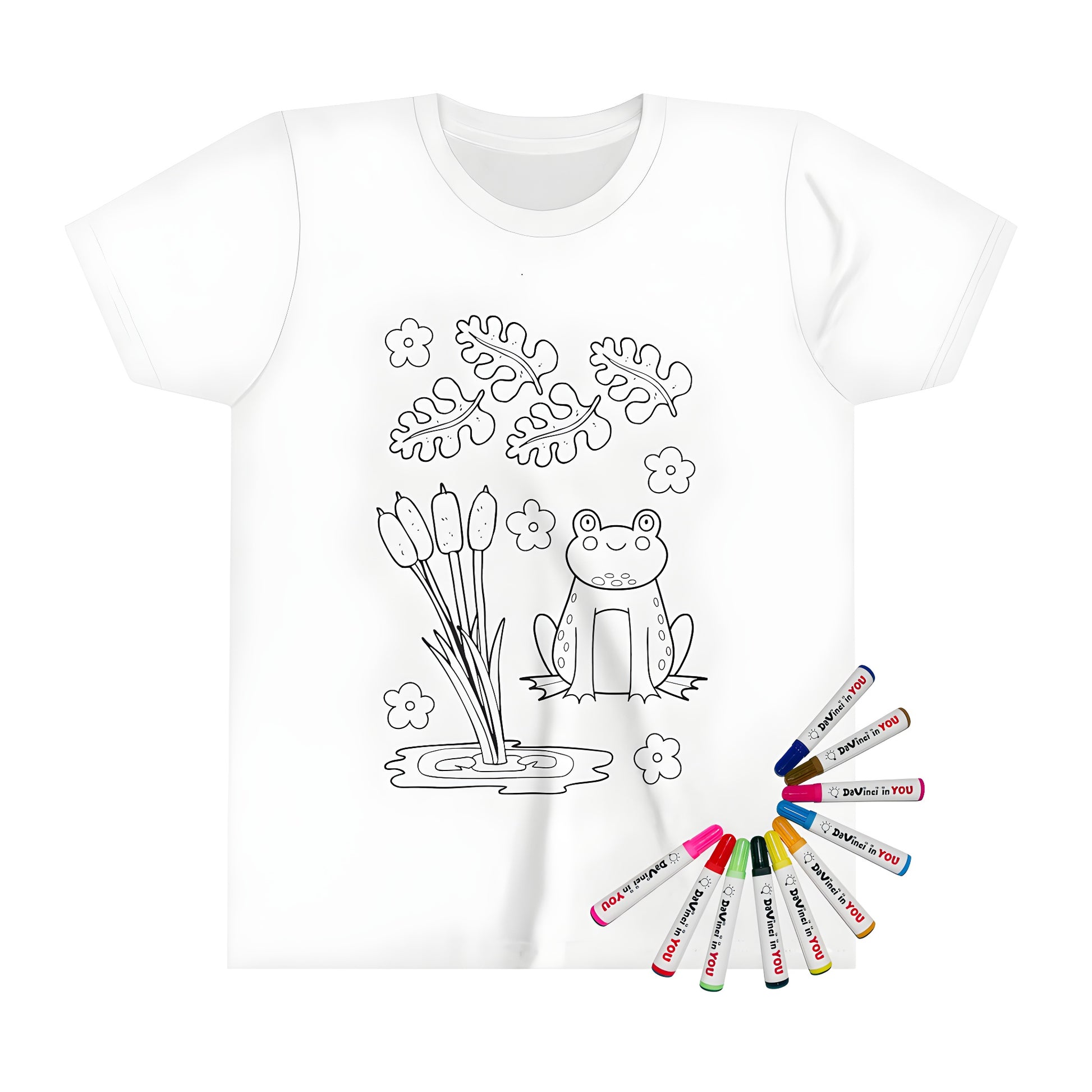 Coloring page inspired Kid's T-shirt featuring a happy green frog by a small pond with cattails, surrounded by colorful leaves and flowers. Perfect for kids who love art and animals like toads, tadpoles, or lily-pad hoppers.