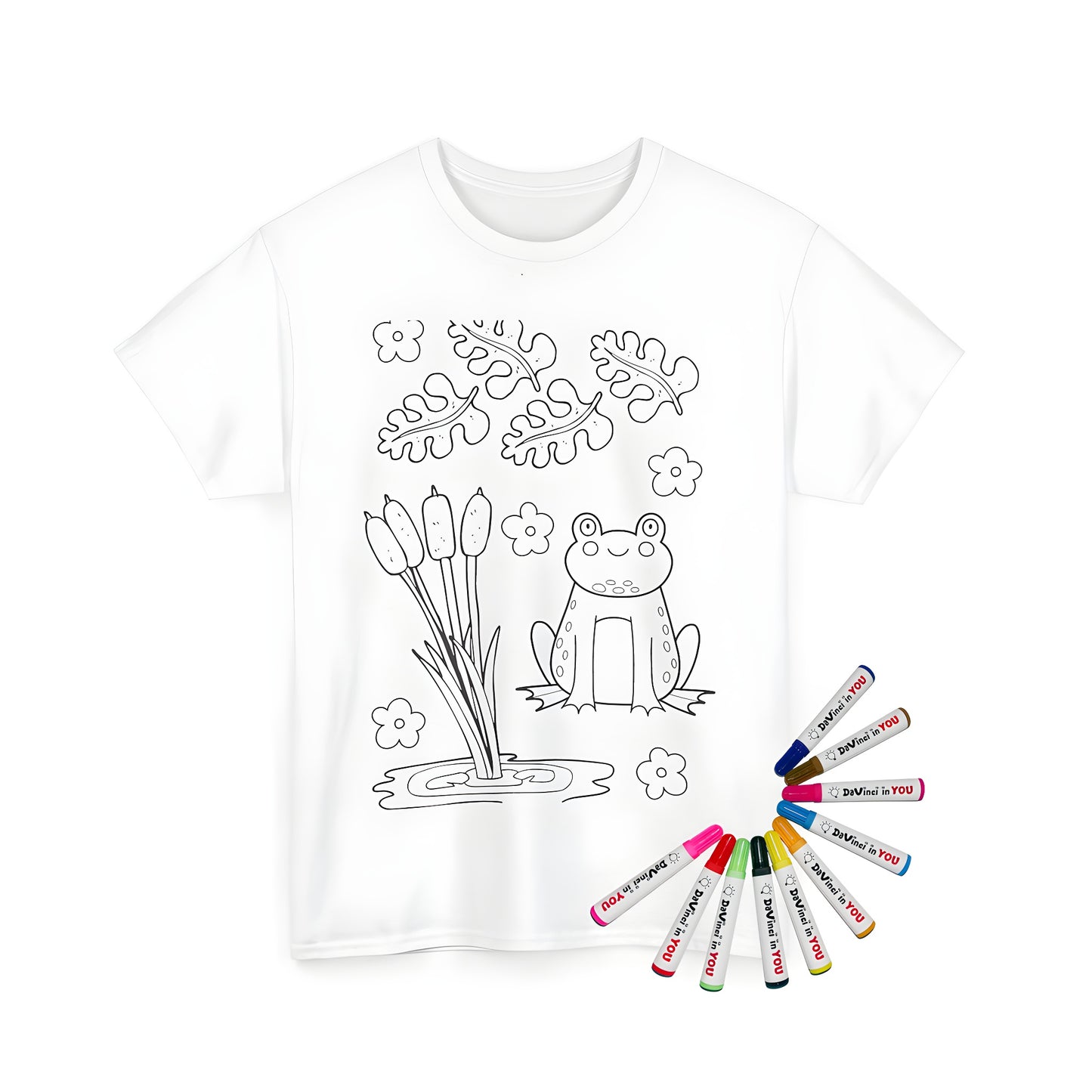 Unisex t-shirt with vibrant coloring page design of green frog, bullfrog, or toad near pond with cattails and flowers