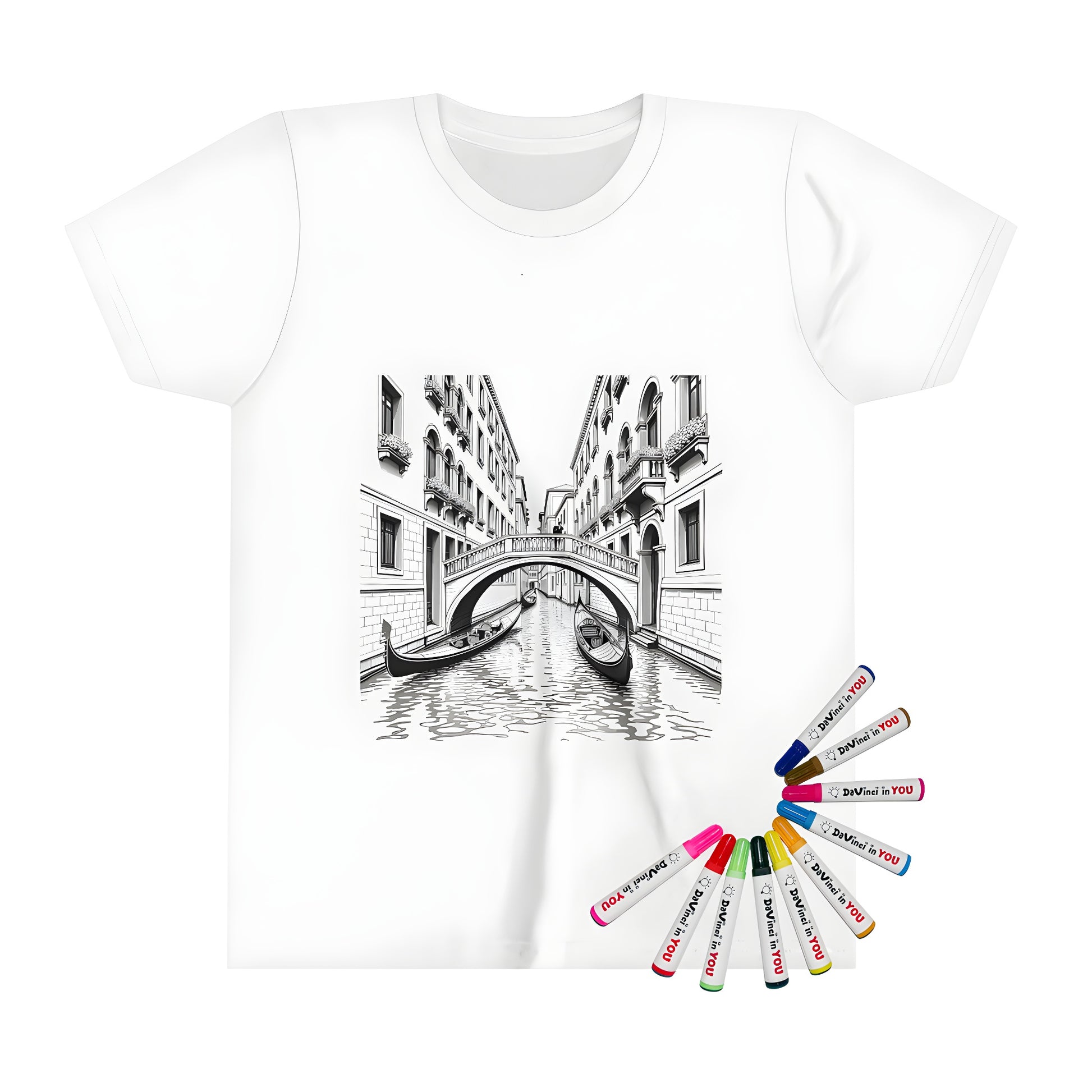 Kid's coloring t-shirt featuring detailed illustration of Italian canals and gondolas
