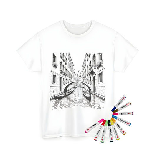 Coloring kit for a unisex t-shirt featuring an illustration of a Venice canal scene, including gondolas and architecture.