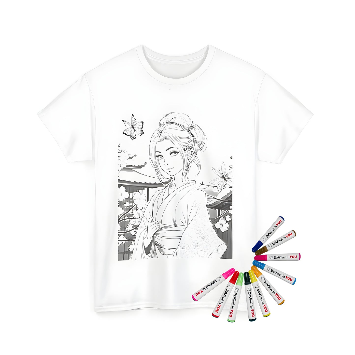 Serene anime-style woman wearing kimono surrounded by cherry blossoms and butterflies on a unisex t-shirt, inspired by traditional Japanese elegance and tranquility