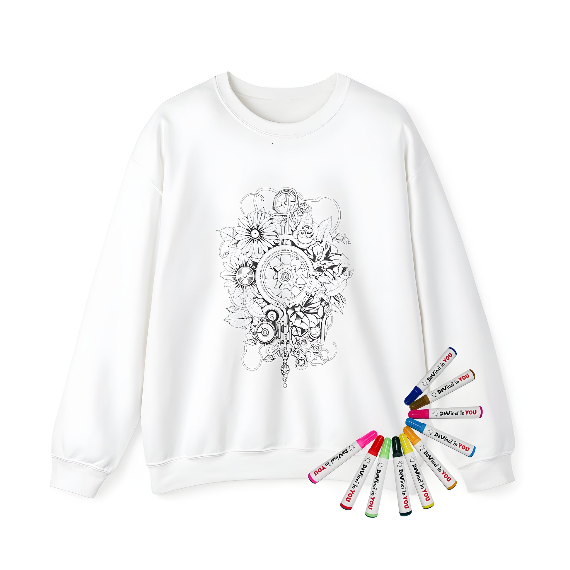 Adult sweatshirt featuring a detailed black-and-white illustration combining gears and flowers, mechanical nature design