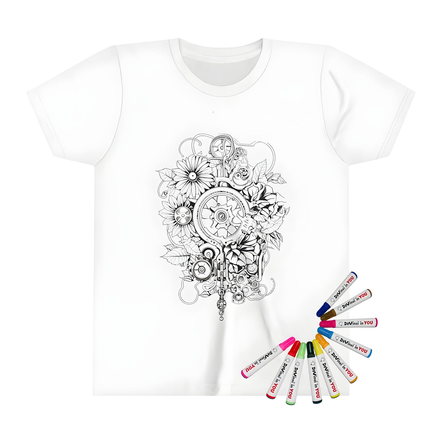 Mechanical nature inspired kids t-shirt with vibrant gears and flower coloring page design, featuring detailed illustrations and natural elements