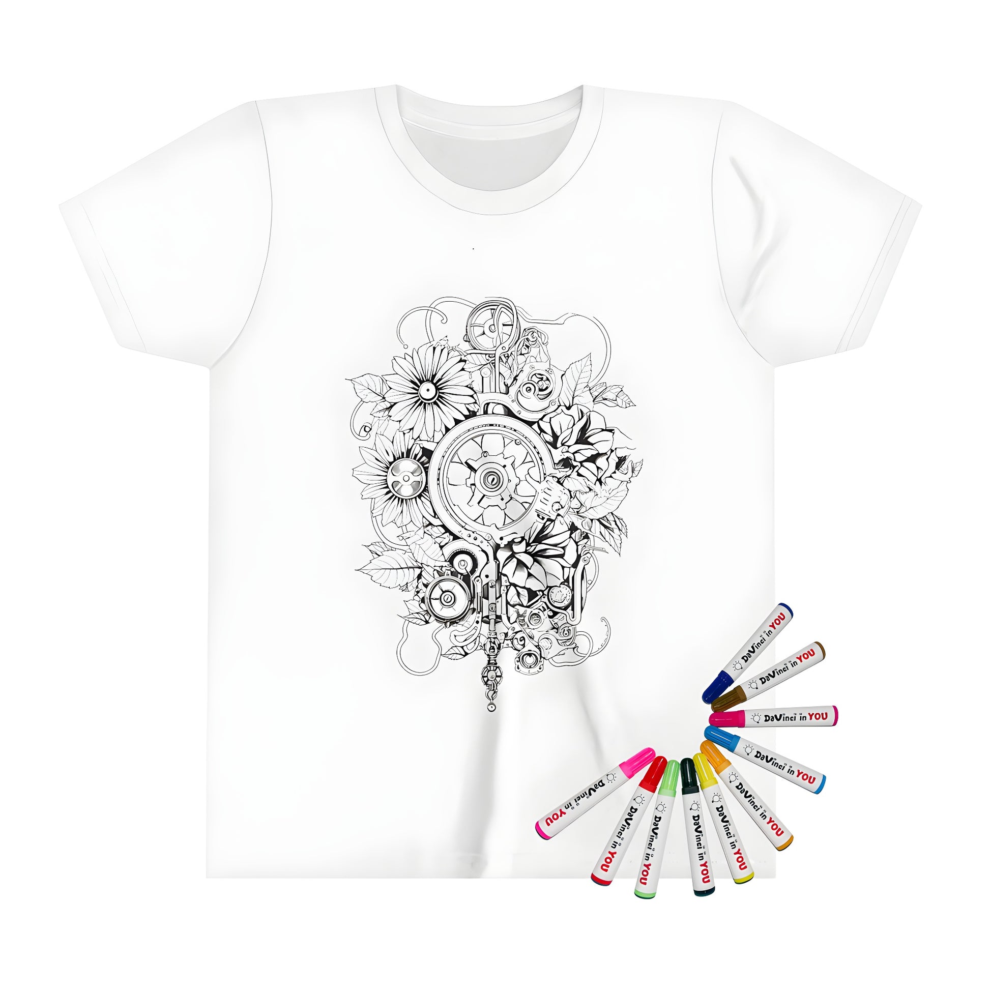 Mechanical nature inspired kids t-shirt with vibrant gears and flower coloring page design, featuring detailed illustrations and natural elements