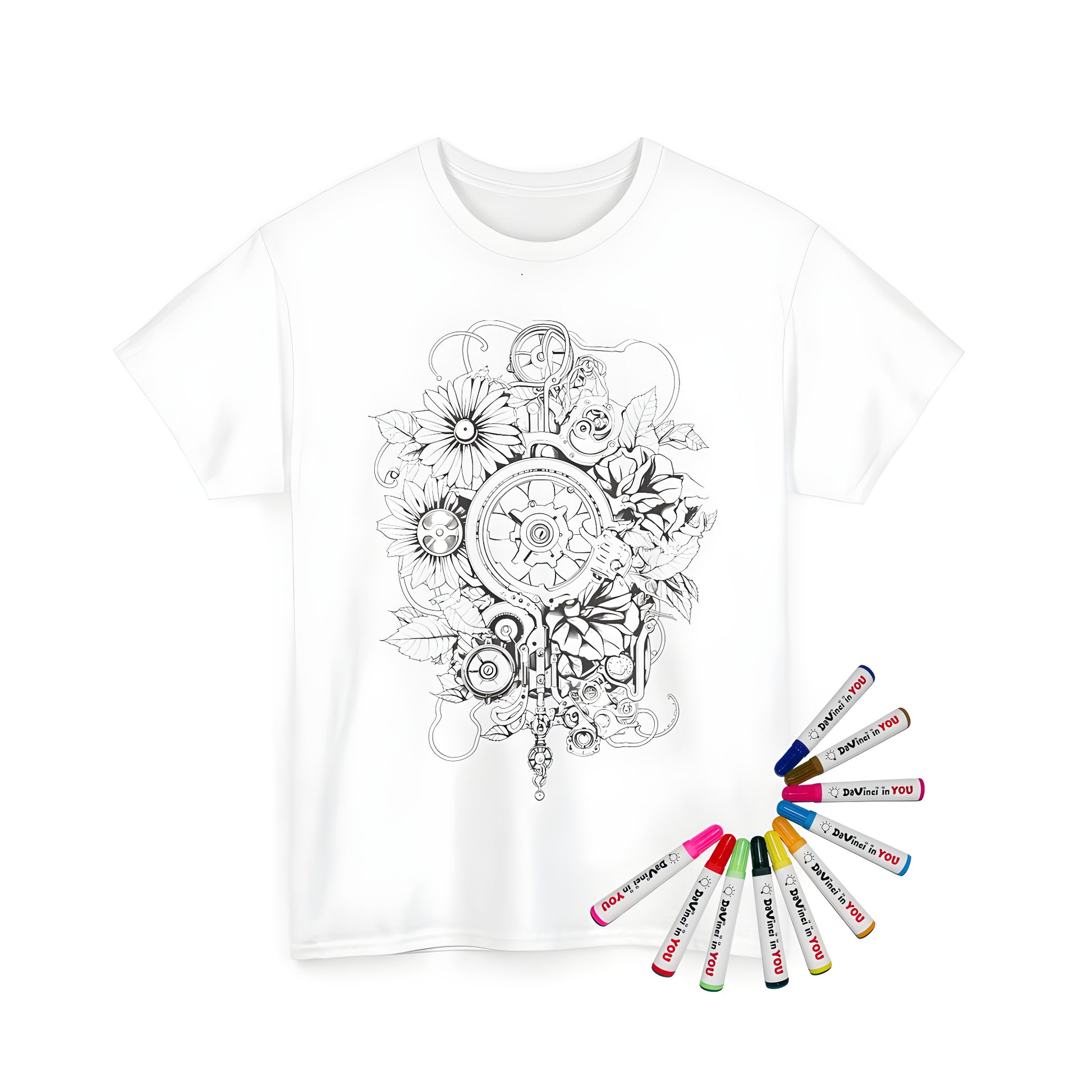 A close-up of a colorful unisex t-shirt featuring a unique mechanical nature design with gears and flowers, perfect for fans of industrial chic and artistic expression.