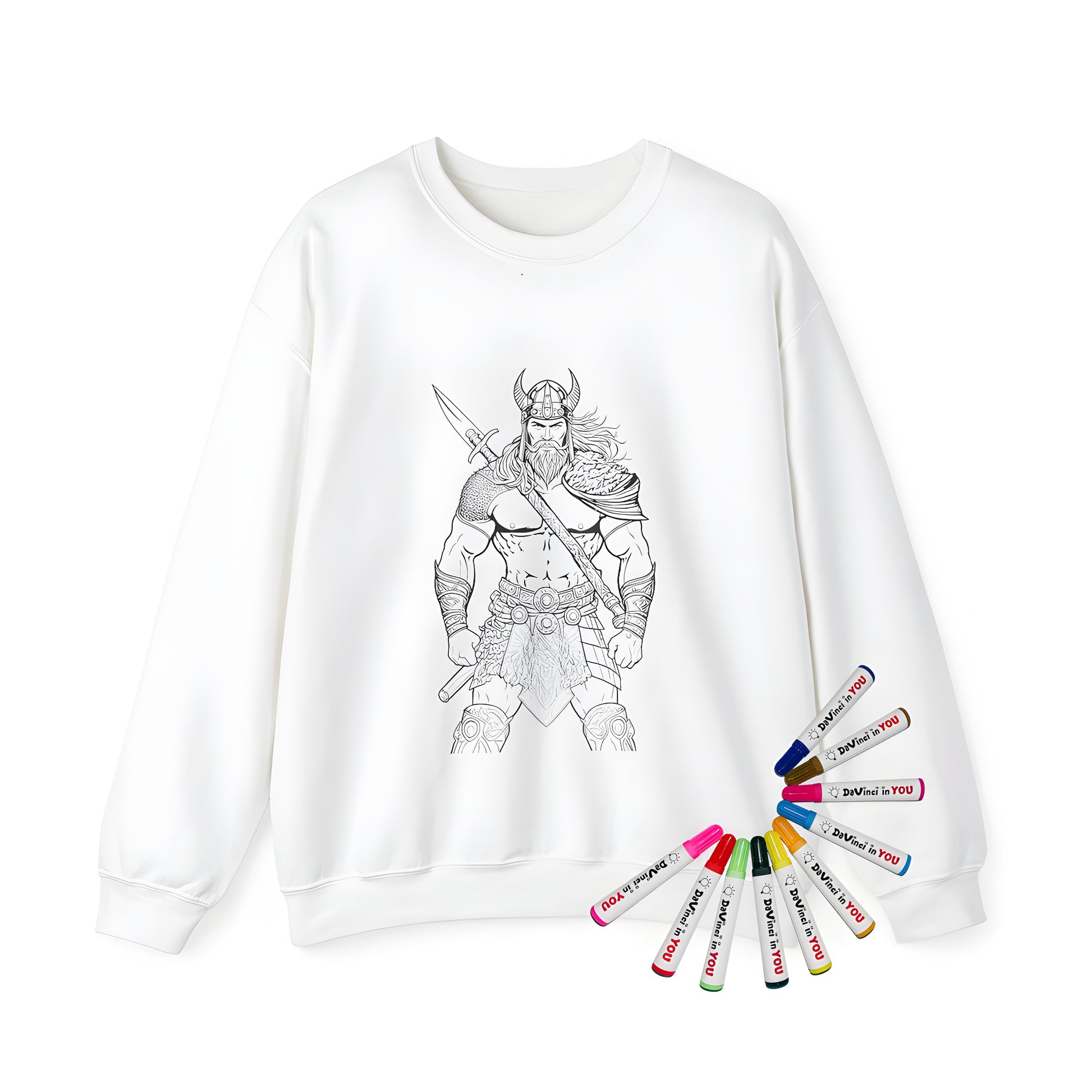 Adult sweatshirt featuring a detailed black and white illustration of a warrior from Norse mythology, similar to a Viking, holding a spear and displaying determination. Adult Apparel, Sweatshirts, Viking-Inspired