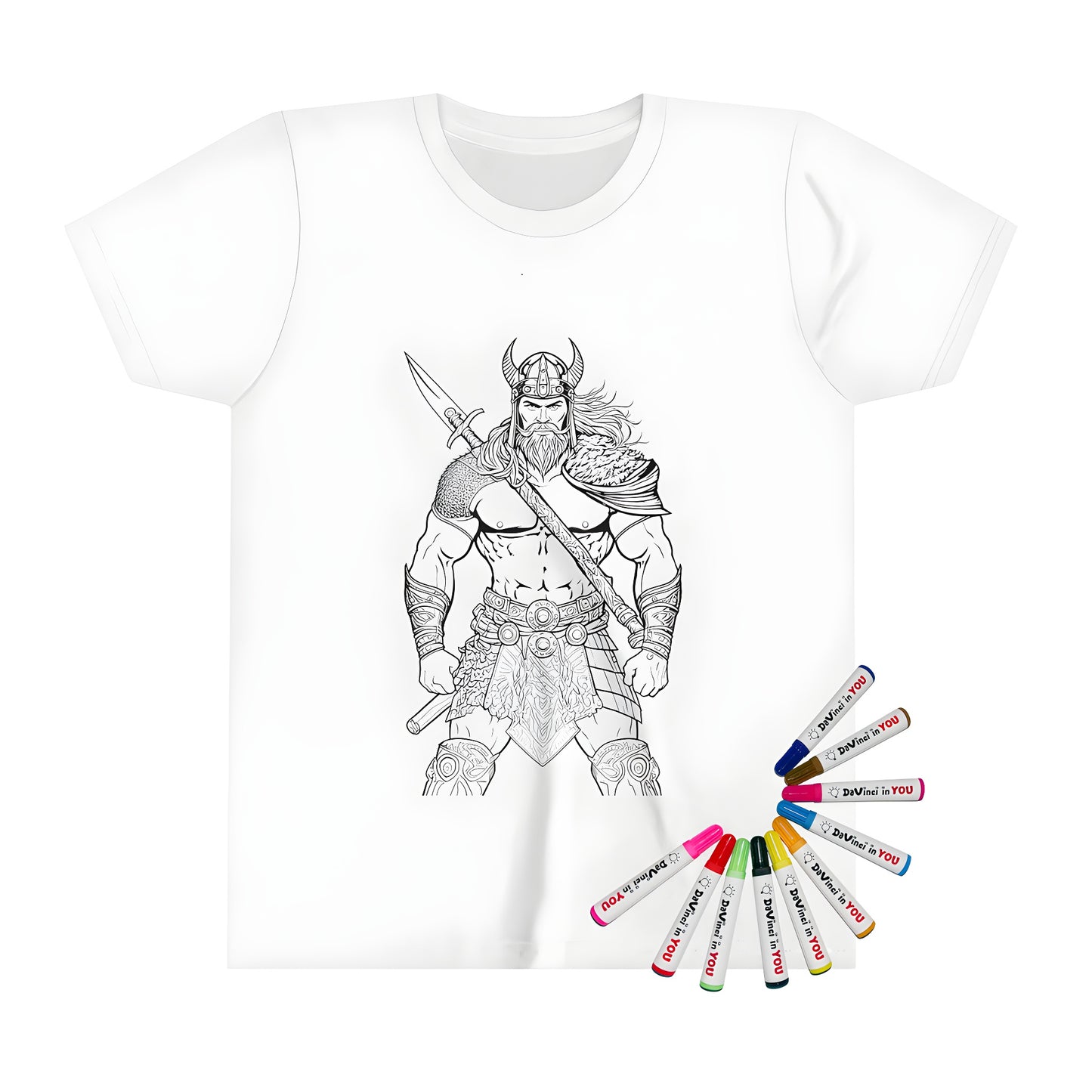 A detailed black and white illustration of a Norse warrior, Northman, or Scandinavian fighter printed on a vibrant, colorful kid's t-shirt. The image features a brave Viking-inspired character in traditional armor, holding a spear with determination.