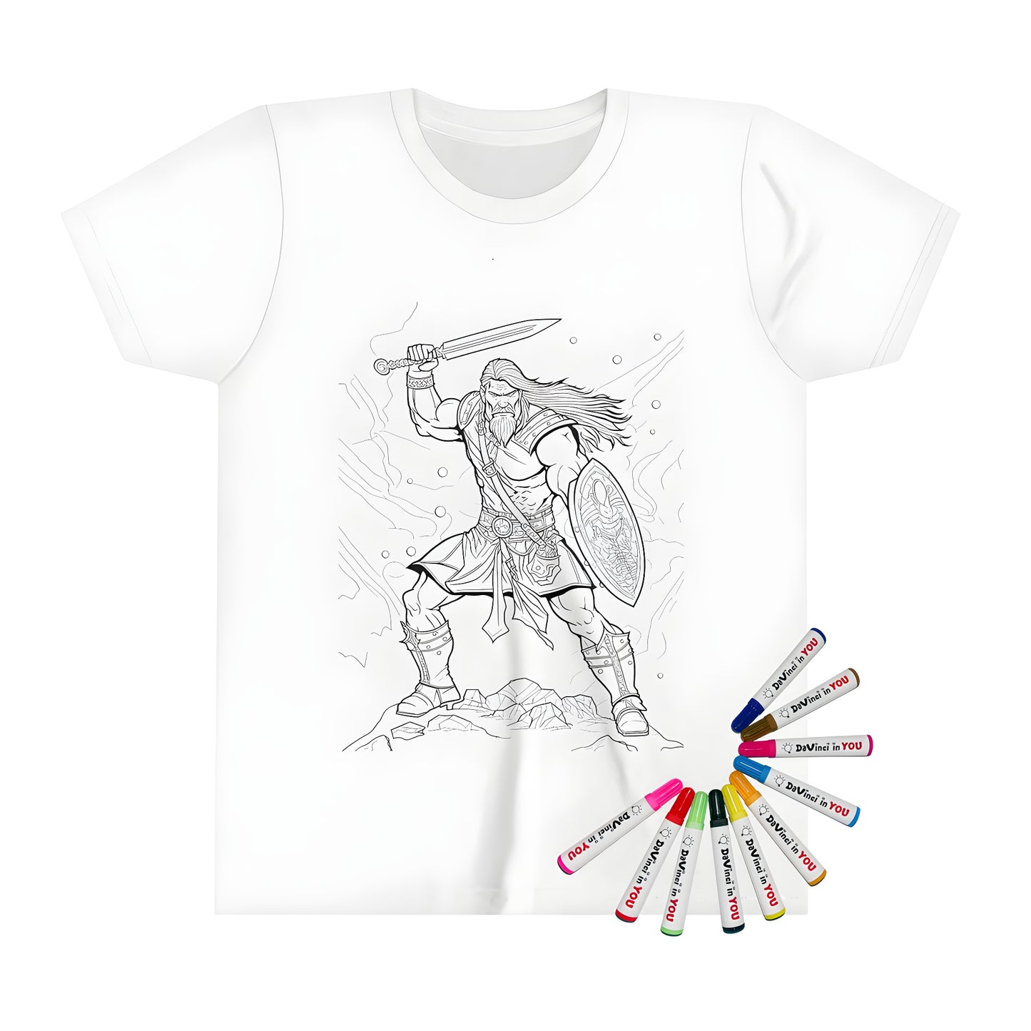 Kid's clothing shirt with a colorful Norse warrior print