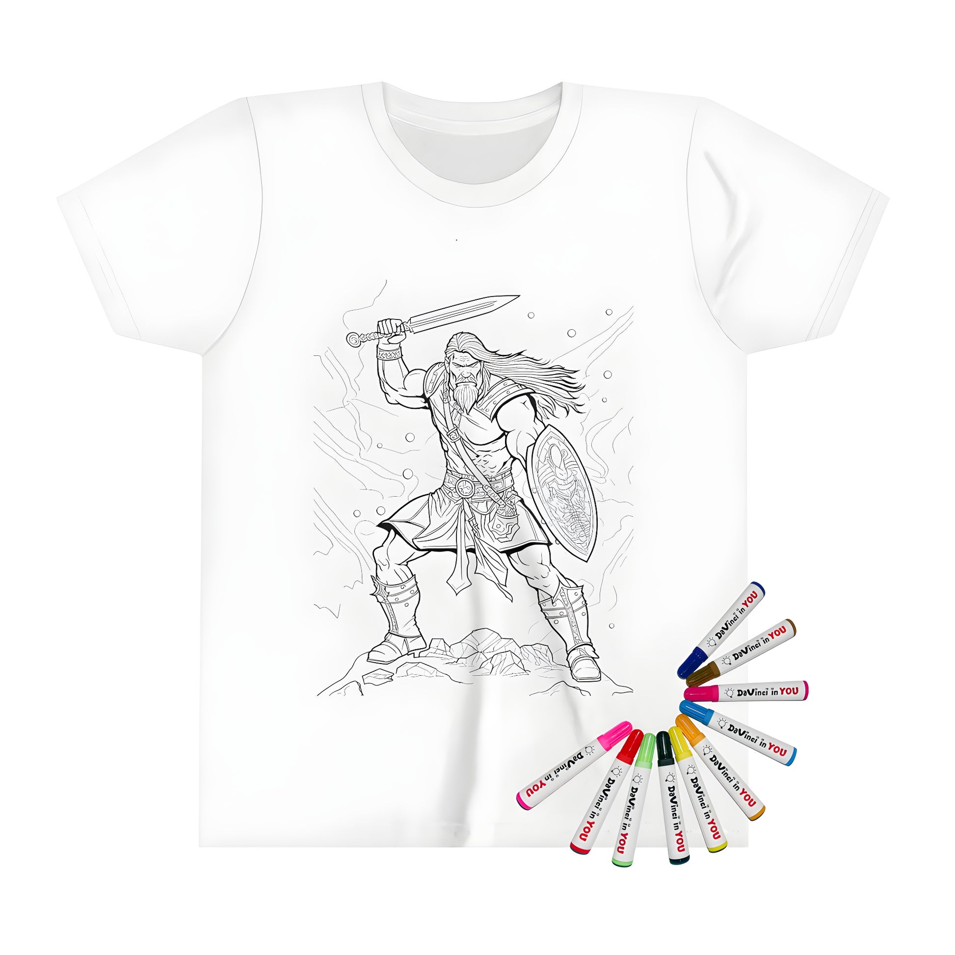 Kid's clothing shirt with a colorful Norse warrior print