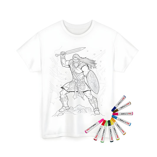 A unisex t-shirt featuring a fierce viking warrior illustration on rocks, wielding a sword and shield, with long hair flowing behind him.