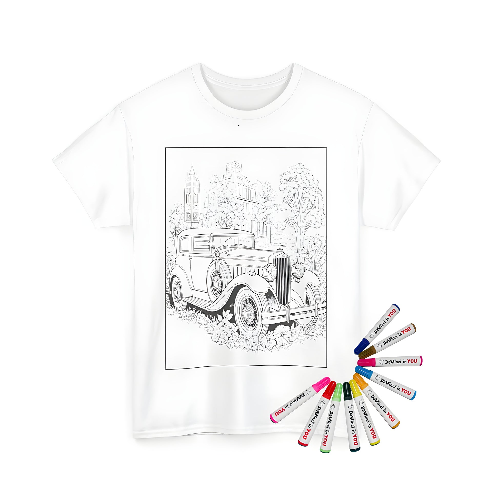 A detailed illustration of a classic car in an urban setting on a unisex t-shirt for coloring with 10 fabric markers.