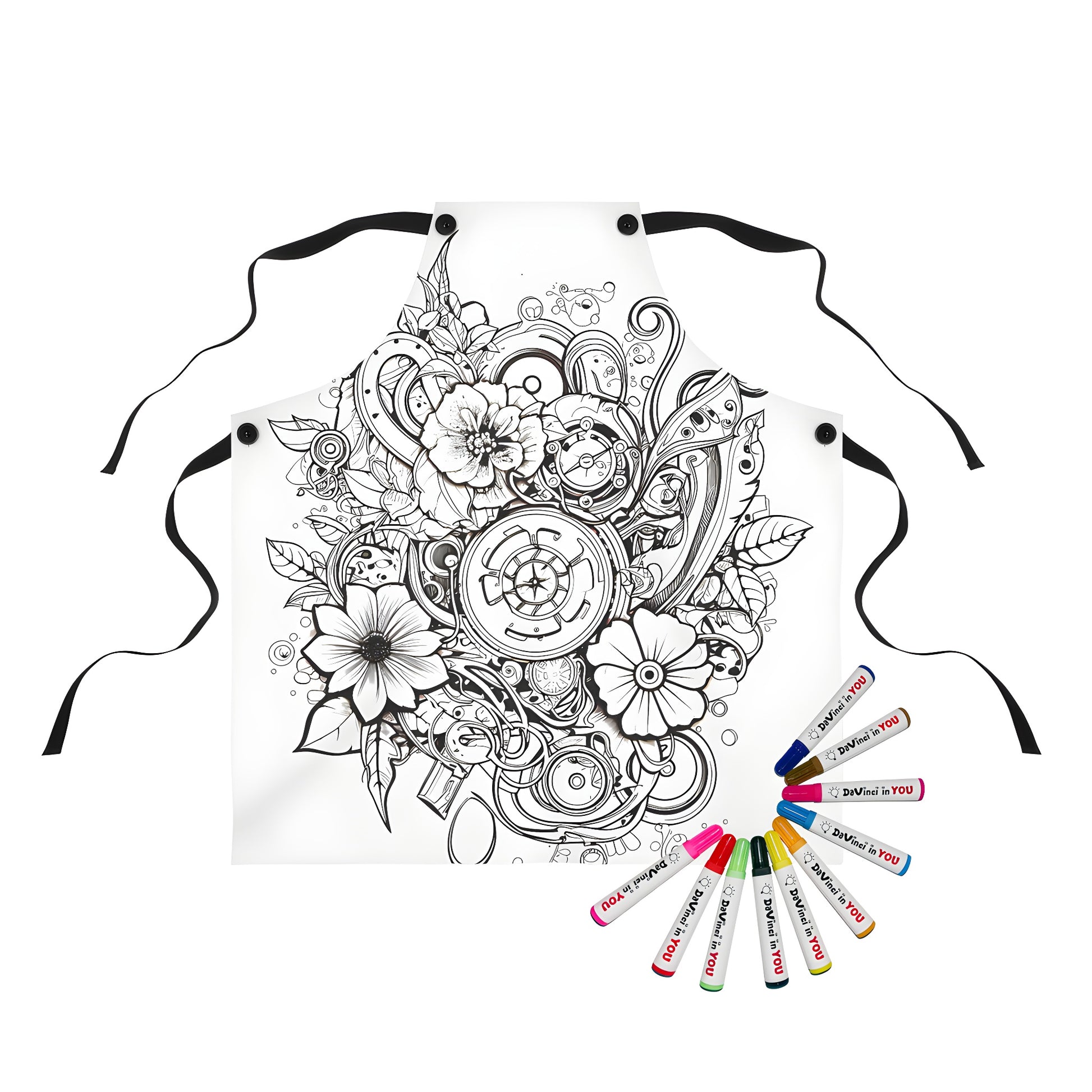 Apron with vibrant floral pattern and colorful designs