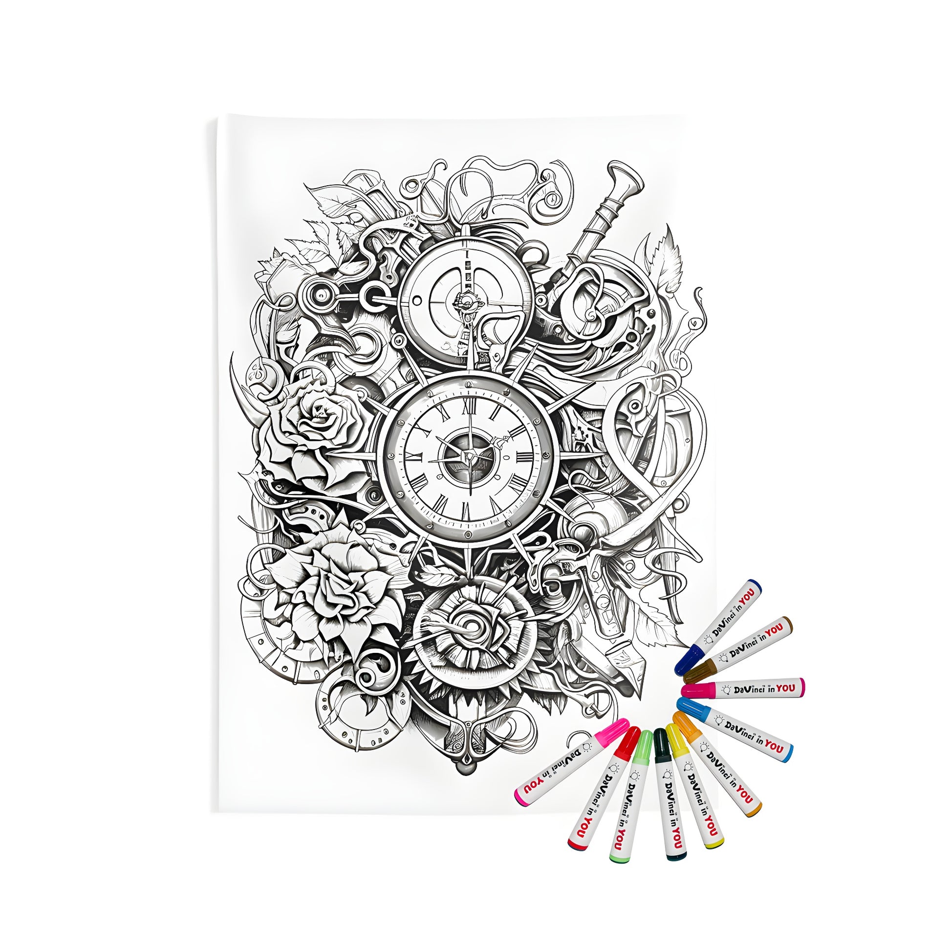Intricately designed steampunk-themed clock artwork on a vibrant indoor wall tapestry with colorful roses and mechanical elements