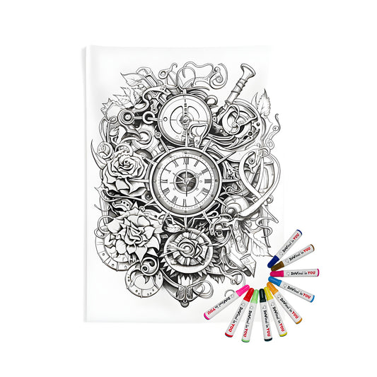 Intricately designed steampunk-themed clock artwork on a vibrant indoor wall tapestry with colorful roses and mechanical elements