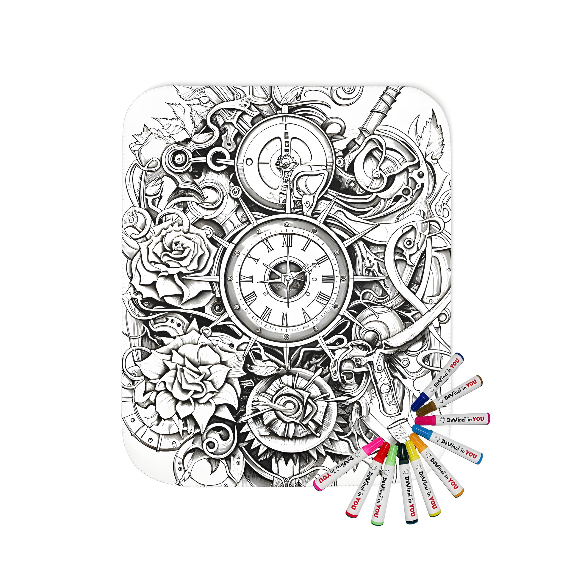 Cozy blanket featuring a vintage-inspired clock design with intricate details and a blend of industrial and floral elements