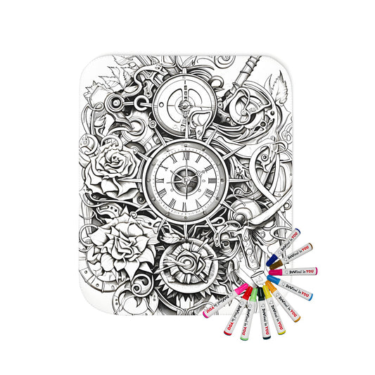 Cozy blanket featuring a vintage-inspired clock design with intricate details and a blend of industrial and floral elements