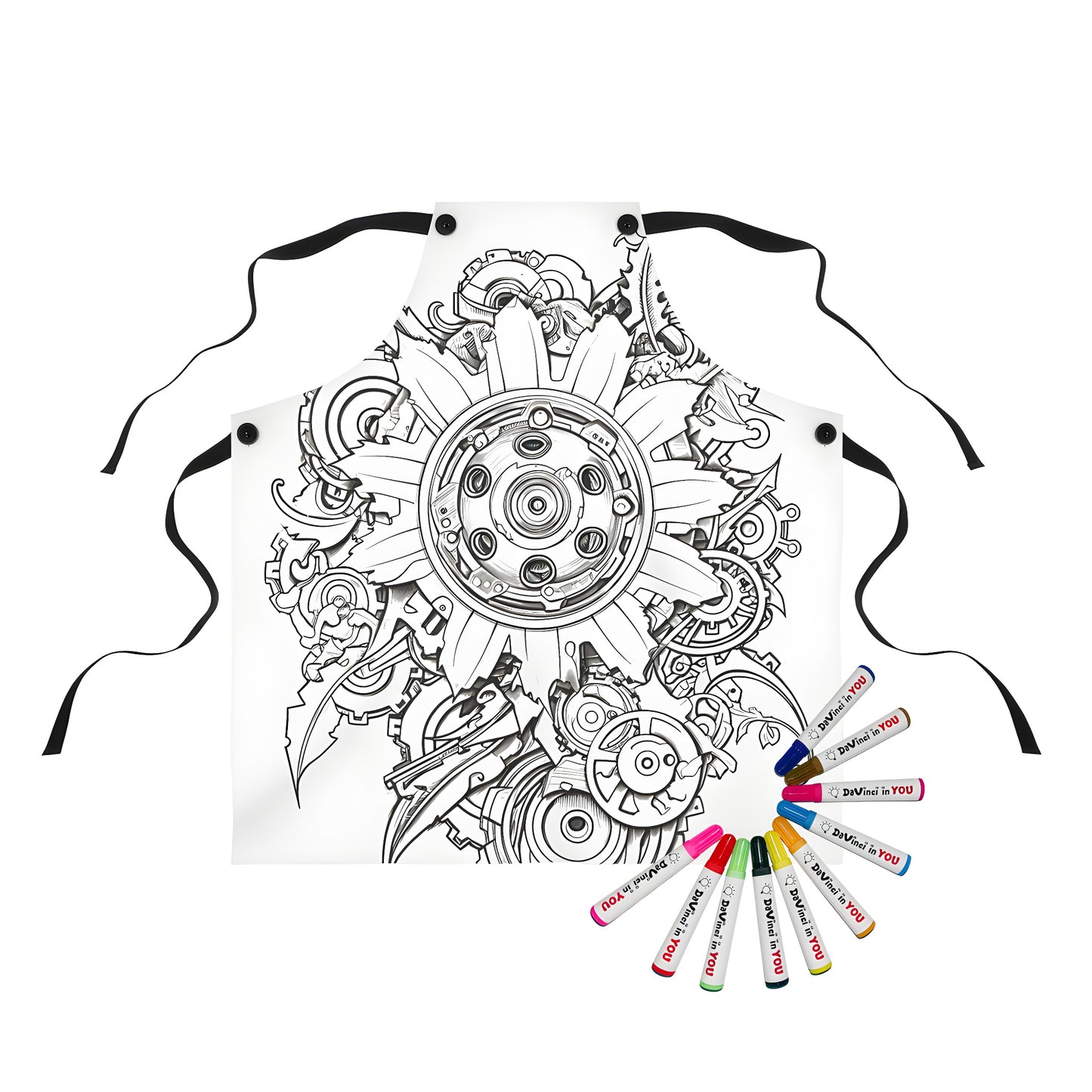 Apron with intricate mechanical art illustration, featuring complex interconnected gears and patterns, showcasing a blend of machinery and artistic design