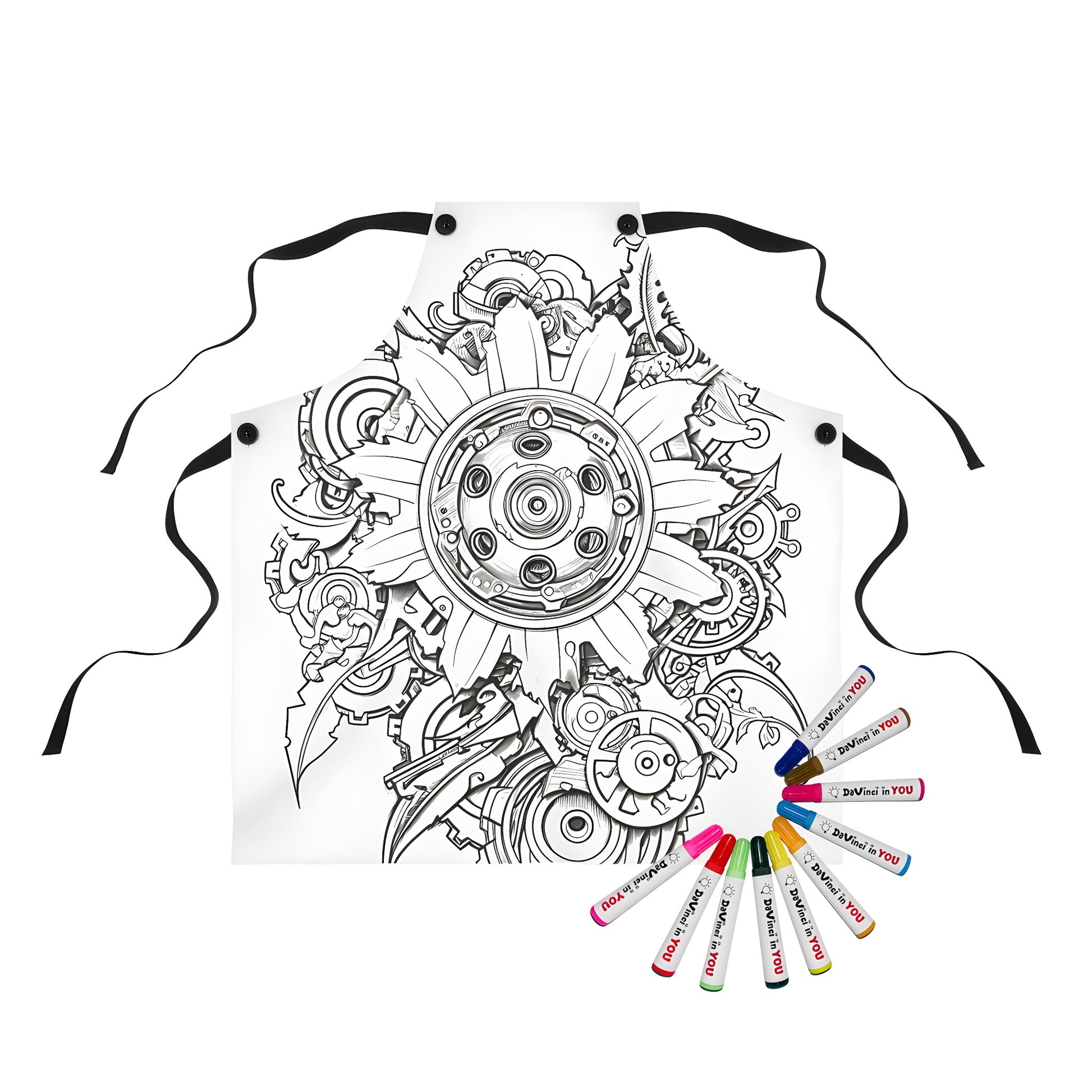 Apron with intricate mechanical art illustration, featuring complex interconnected gears and patterns, showcasing a blend of machinery and artistic design