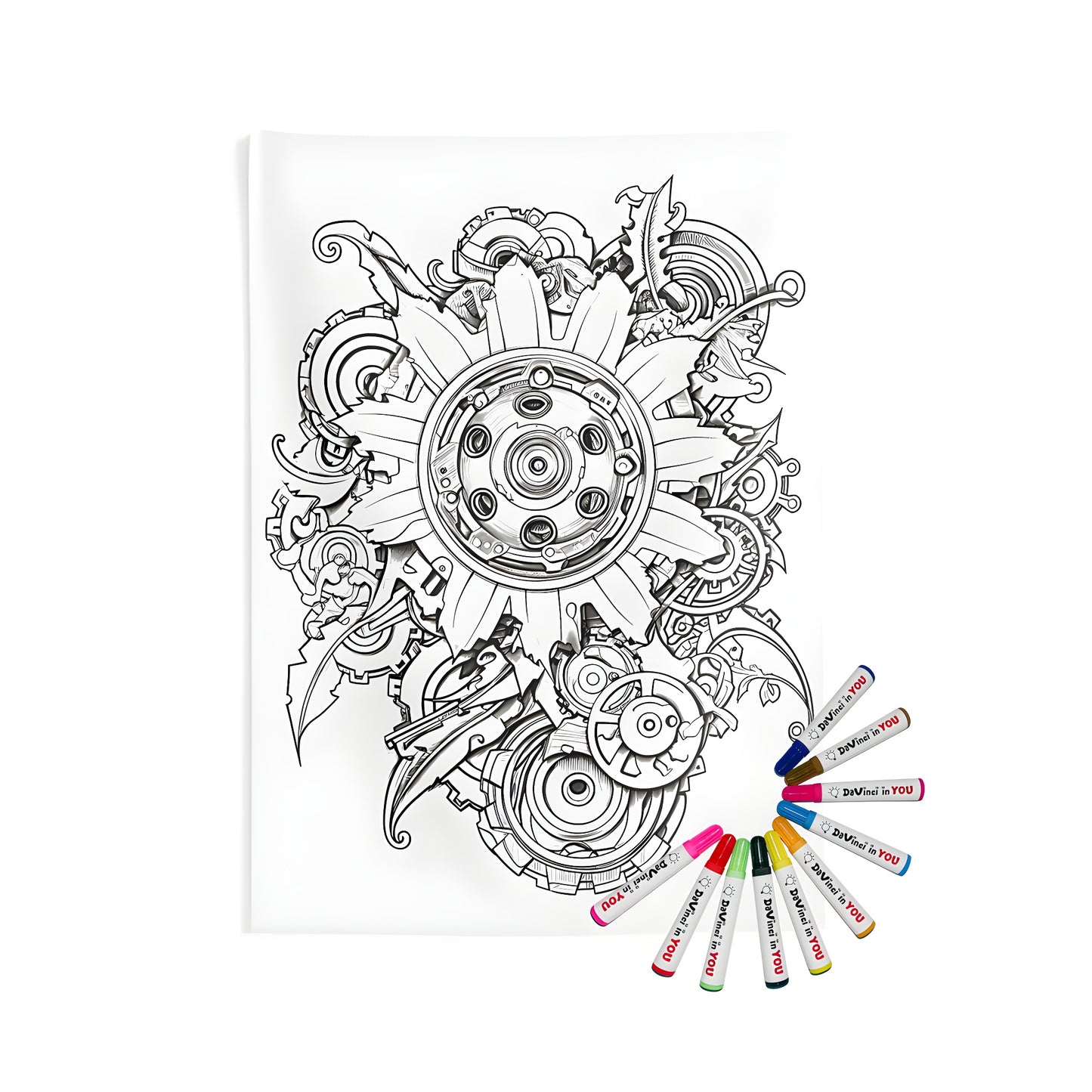Indoor wall tapestry with intricate mechanical art illustration, gear patterns, and artistic designs