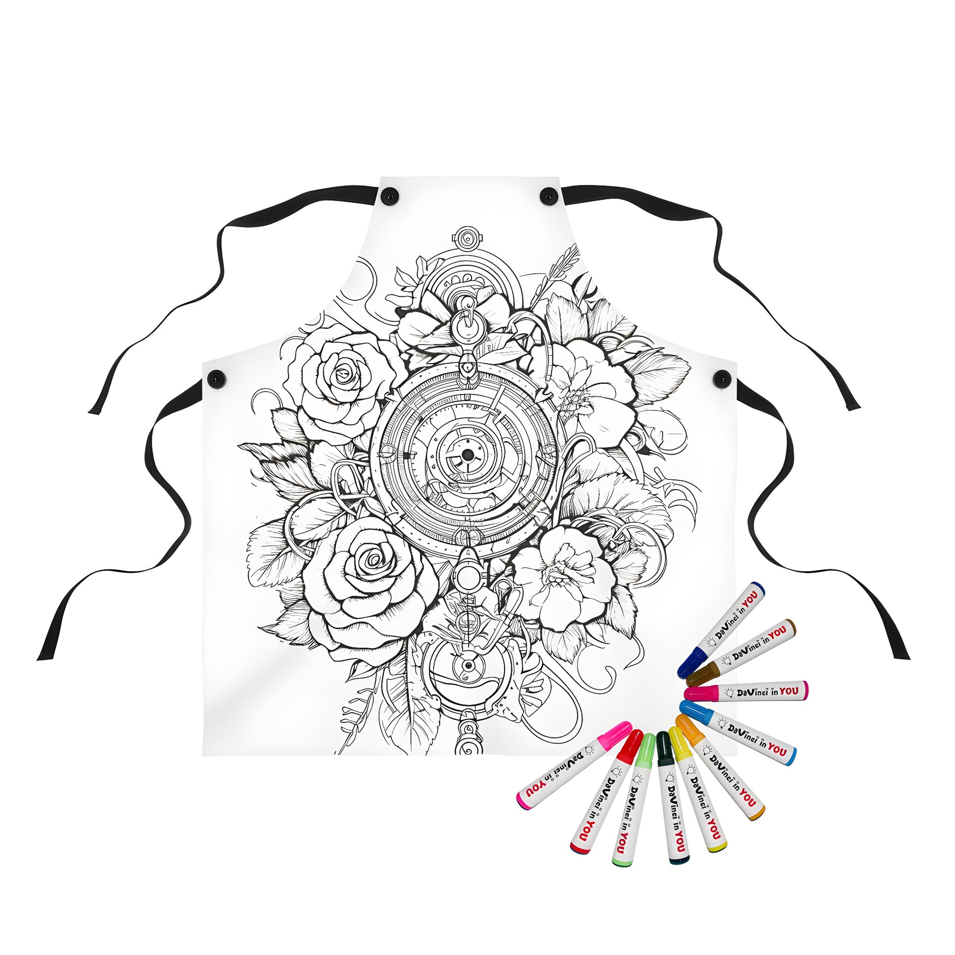 Intricate black and white drawing featuring roses entwined with mechanical elements apron