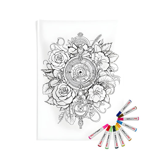 Intricate black and white drawing featuring roses entwined with mechanical elements