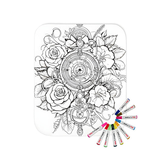 Blanket with intricate black and white drawing featuring roses entwined with gears and mechanical elements