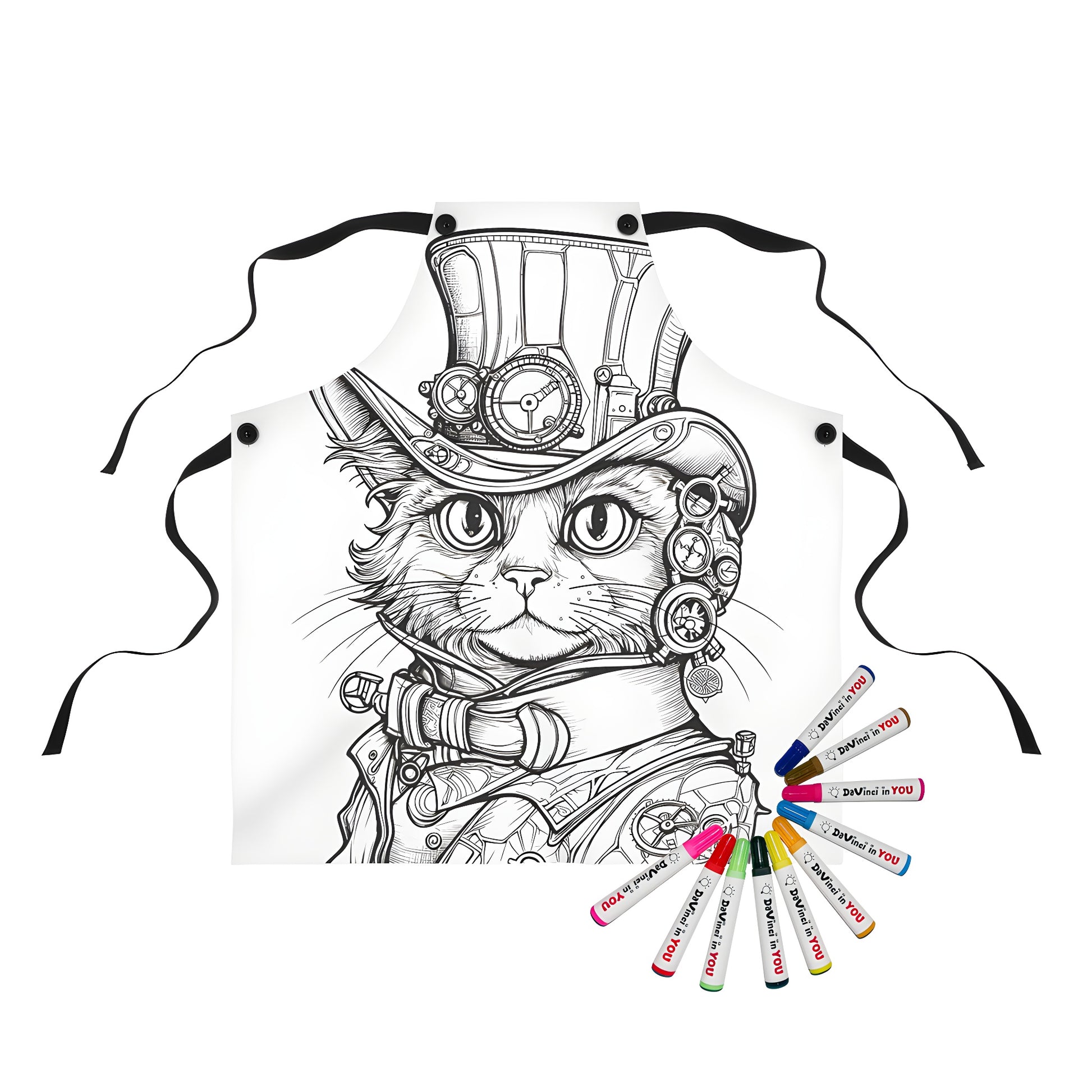Apron with steampunk cat illustration, inspired by vintage sci-fi and science fiction