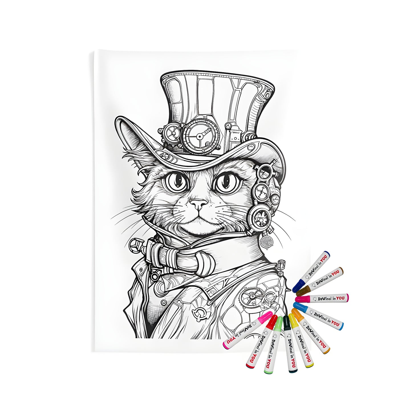 Indoor wall tapestry featuring a colorful steampunk cat illustration with top hat and gears