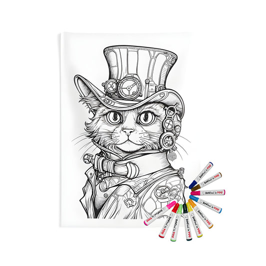 Indoor wall tapestry featuring a colorful steampunk cat illustration with top hat and gears